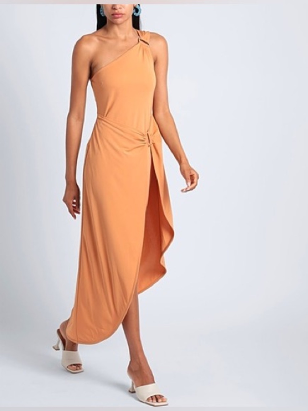 NWT DKNY One-Shoulder Knit Midi Dress with Side Drape in Saddle Tan, size 8